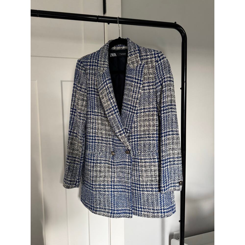 Zara Blazer Plaid Pronounced Shoulders Double Breasted XS